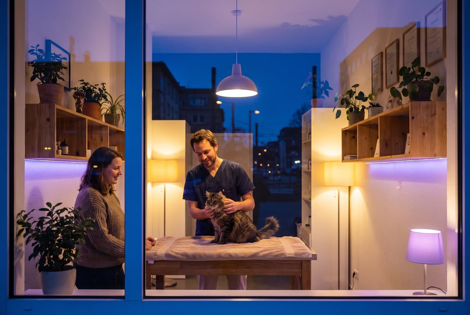 Veterinārārsts naktī apskata kaķi uz procedūru galda, blakus satraukta saimniece