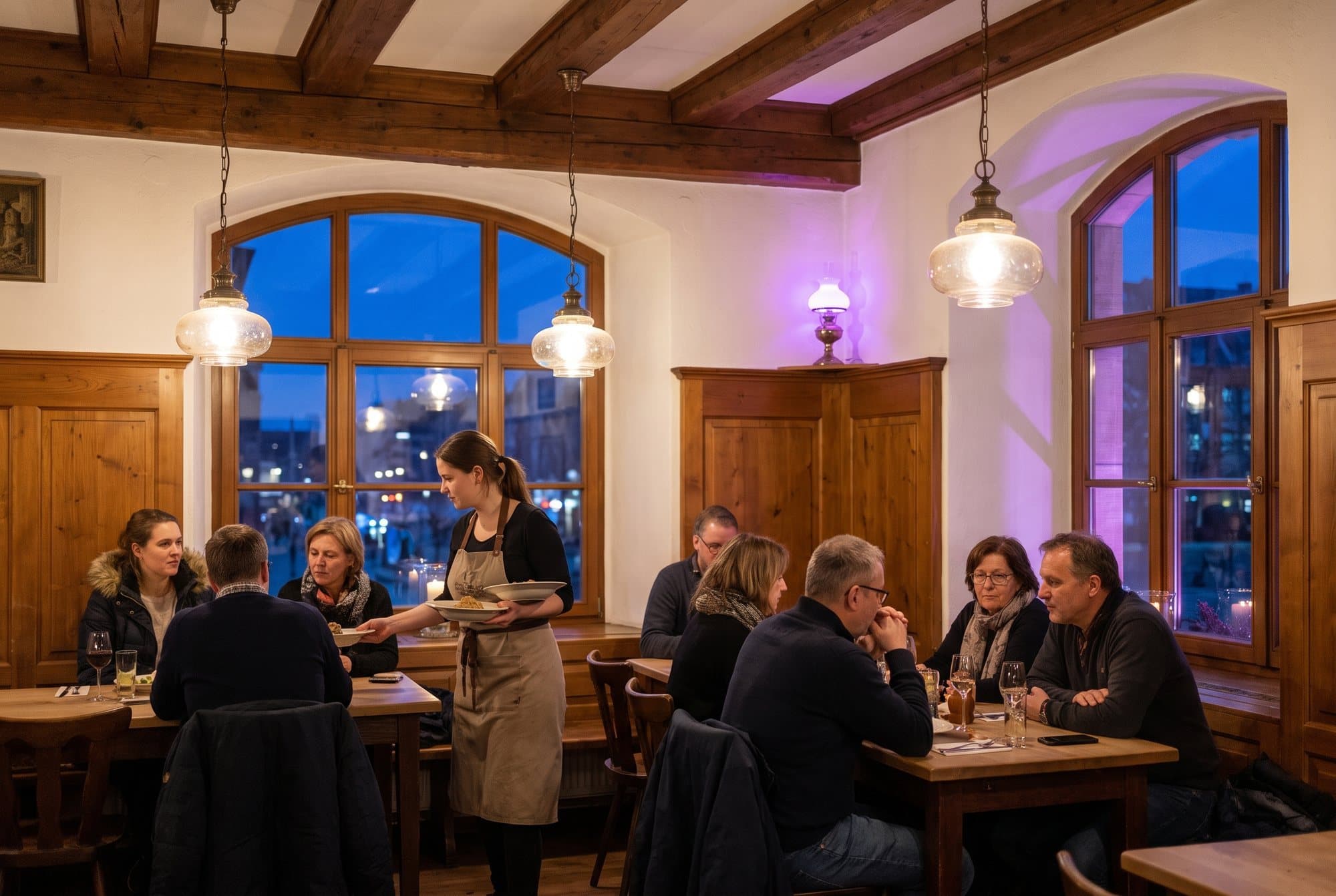 Pilns restorāns pusdienlaikā, viesmīle nes ēdienus viesiem pie koka galdiem